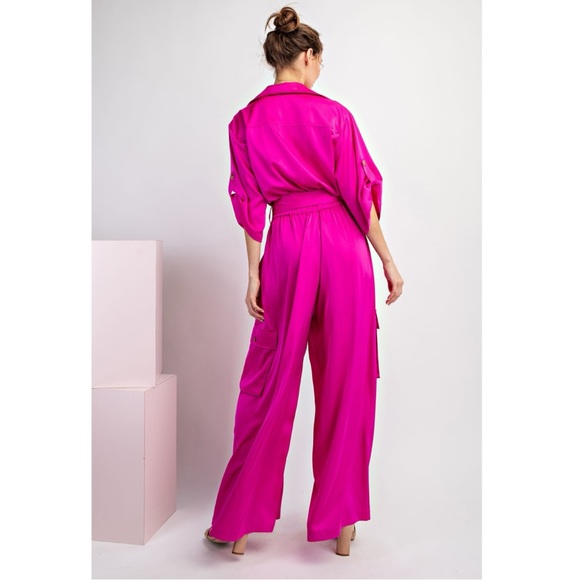 200 • Fuchsia Pink Satin Palazzo Jumpsuit - Picture 4 of 10